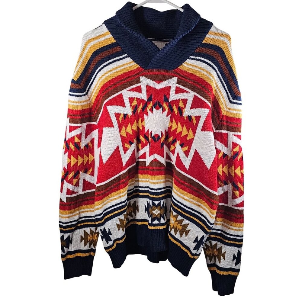 Sun + Stone Mens Size XL Southwest Aztec Shawl Sweater‎ Geometric Cotton